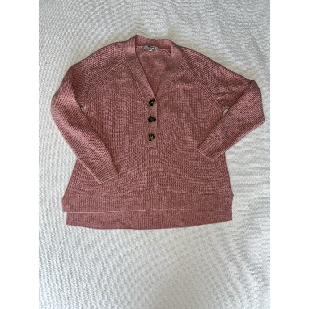 Madewell Button-Front Merino Wool Blend Sweater Pink Ribbed Knit Top Size Small - Picture 3 of 5